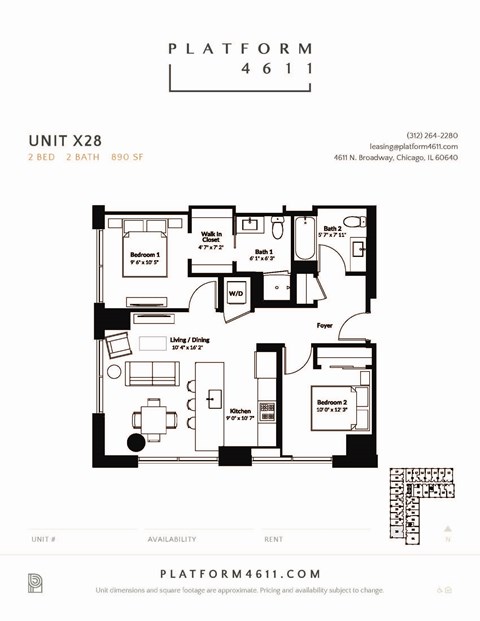 2 Bedroom 2 Bath Floor plan unit X28 at Platform 4611, Chicago, IL 60640